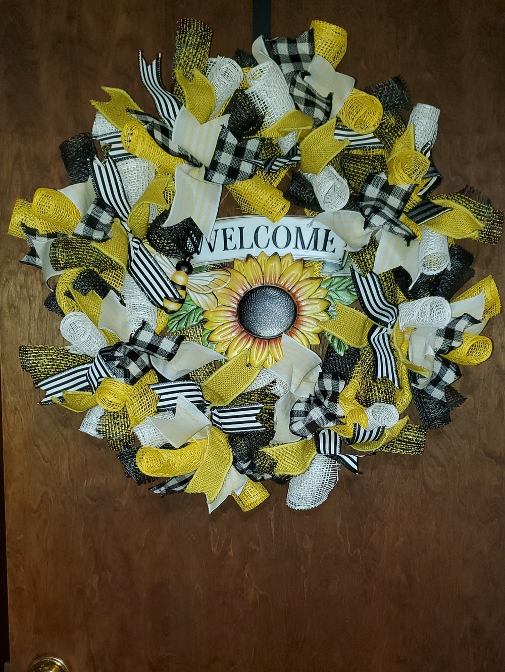 Sunflower Welcome Wreath with Yellow, Black & White Ribbons